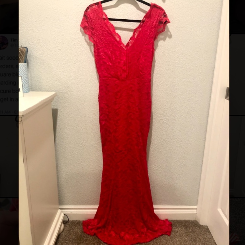 Long Red Lace Deep Neck and Deep Back